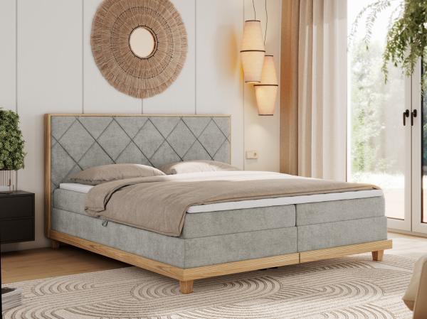 Boxspringbett mit Massivholzelementen und Multipocket - Matratzen - CAICOS - 180 x 200 cm - Hellgrau Stoff - H3