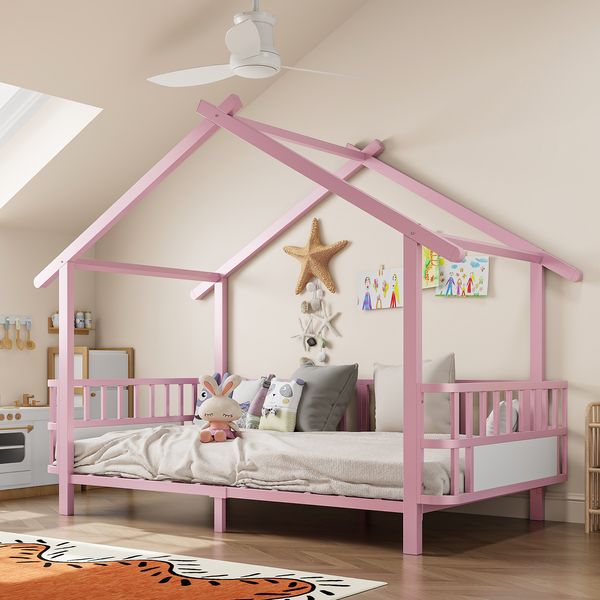 Kinderbett aus Metall in Hausform, 90 x 200 cm, mit Sicherheitsgitter, Dachdesign und dekorativem Rahmen, für Jungen und Mädchen, Rosa