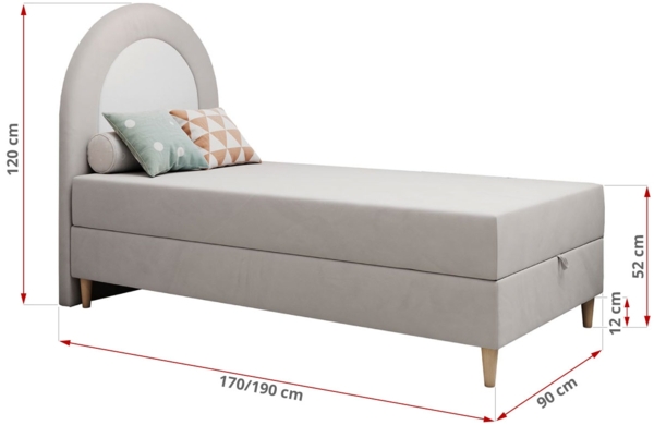 Kinderbett NEST, Boxspringbetten für Kinderzimmer, Jugendbett, Einzelbett mit Matratze 90 x 180 cm - Hellgrau Velvet - Topper T25 Bild 6