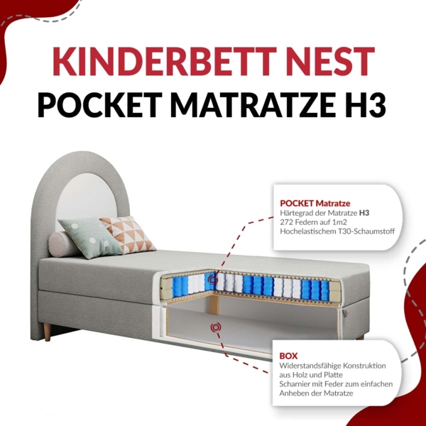 Kinderbett NEST, Boxspringbetten für Kinderzimmer, Jugendbett, Einzelbett mit Matratze 90 x 180 cm - Hellgrau Velvet - Topper T25 Bild 9