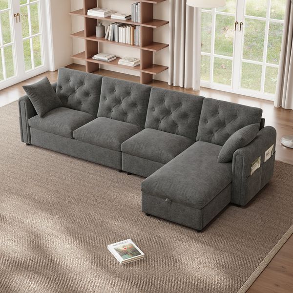 Merax 281cm Big-Sofa, Ecksofa mit Stauraum im Eckbereich, L-förmiger Stauraum im Eckbereich links und rechts verstellbar, Seitliche Armlehnen mit Magazintaschen, Samt Grau