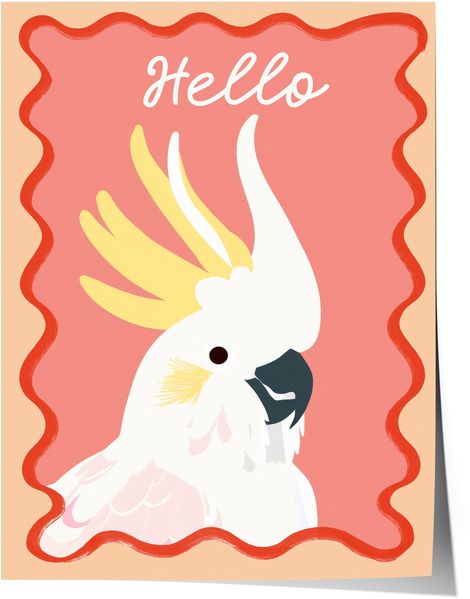 Poster Kinderzimmer Vogel · Kakadu mit Hello Schriftzug · Bunte Tierillustration · Tropische Wanddeko für Kinder · Deko Print Ohne Rahmen - 20x25cm