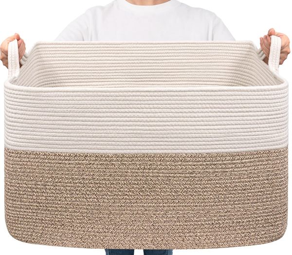 TIMEYARD Wäschekorb, 85 L Wäschesammler, Aufbewahrungskorb für Baby Spielzeug, Rectangle Laundry Baskets, Korb Aufbewahrung für Decken, kissen, Gästehandtuchkorb, Weiß und Braun