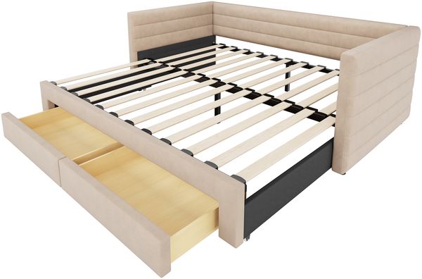 Merax Einzelbett Polsterbett 90 x 190cm/180 x 190cm Schlafsofa mit Ausziehbett, Tagesbett Daybett mit 2 Schubladen, Sofabett mit Lattenrost, Veloursstoff, beige Bild 7