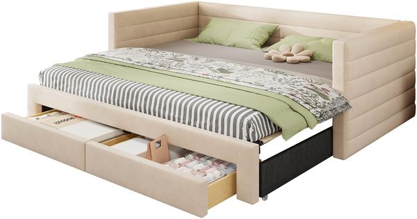 Merax Einzelbett Polsterbett 90 x 190cm/180 x 190cm Schlafsofa mit Ausziehbett, Tagesbett Daybett mit 2 Schubladen, Sofabett mit Lattenrost, Veloursstoff, beige Bild 10
