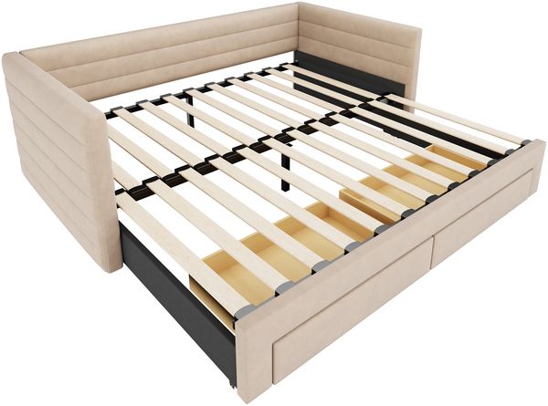Merax Einzelbett Polsterbett 90 x 190cm/180 x 190cm Schlafsofa mit Ausziehbett, Tagesbett Daybett mit 2 Schubladen, Sofabett mit Lattenrost, Veloursstoff, beige Bild 9