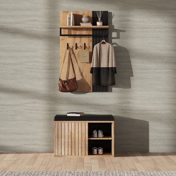 Ulife Garderoben-Set Kleiderständer Set, Schuhbank, Flurmöbel, Schuhschrank mit 1 Tür, Rückwand 1 Regalplatte, 1 Kleiderstange und 3 Haken, B70/D36/H146cm