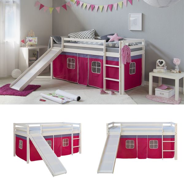 Hochbett Spielbett Kinderbett Rutsche Kiefer Vorhang rot 90x200 Jugendbett Bild 3