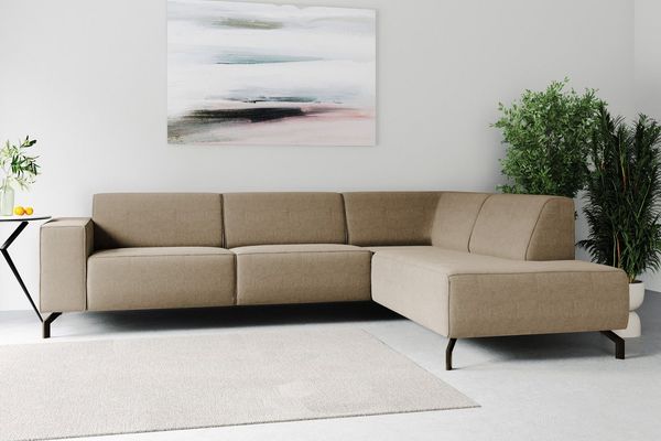 Places of Style Ecksofa Lorcan, Breite 275 cm, weiches Sitzgefühl, mit schwarzen Metallfüßen, Lederoptik und in weichem Strukturstoff