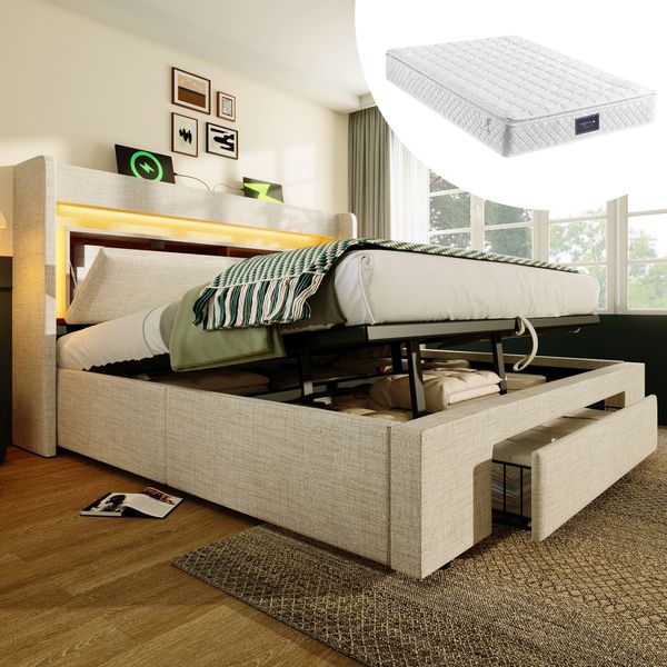 Polsterbett 140x200 cm mit Matratze, hydraulischem Stauraum, LED-Beleuchtung und USB-/USB-C-Anschluss