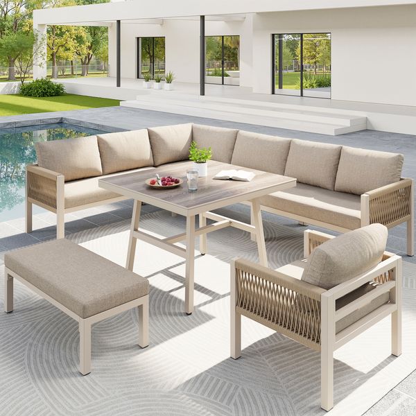 Merax Garten-Lounge-Set, Gartensofa-Garnitur in L-Form für bis zu 8 Personen / Robustes Eisengestell mit beigen Polstern / Komplett mit Tisch (Holzoptik Glas) & 1 Sessel, beige