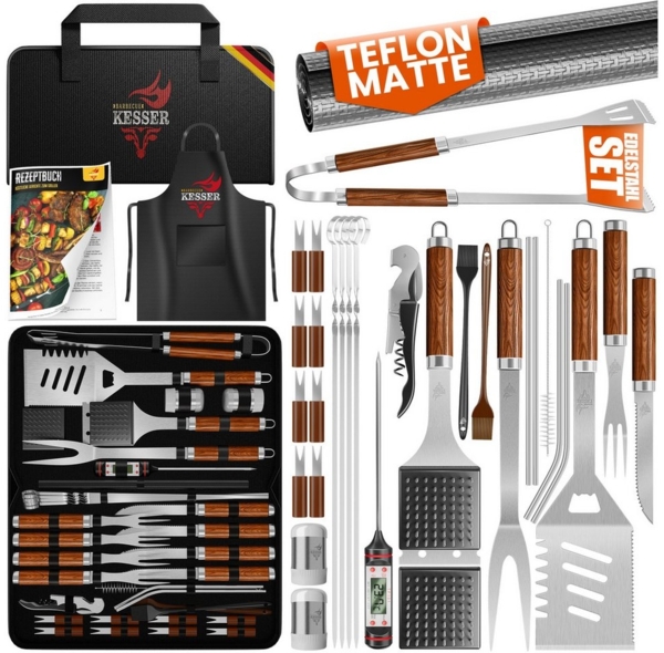 KESSER® Grillbesteck Set 37-teilig Grillzubehör aus rostfreiem Edelstahl Grillset mit Grillzange, Grillwender, 4in1 Grillspatel, Grillgabel, Grill-Spieß, Thermometer, Korkenzieher, Grillmatte & Tasche Braun