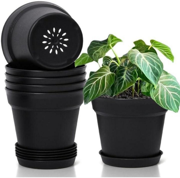 T4U 19cm Kunststoff Blumentöpfe mit Untersetzer 6er-Set Schwarz