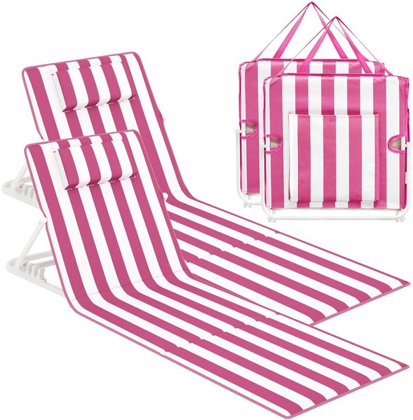 SONGMICS Strandstuhl, 2er Set, Campingstuhl, Sonnenliege, Strandliege, klappbar, verstellbare Rückenlehne, leicht tragbar mit Griff, für Camping, Garten, Pool, 158x55 cm, pink-weiß gestreift