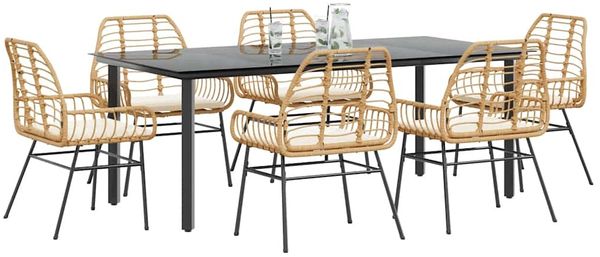 vidaXL 7-tlg. Garten-Essgruppe mit Kissen Braun Poly Rattan Glas 3334560