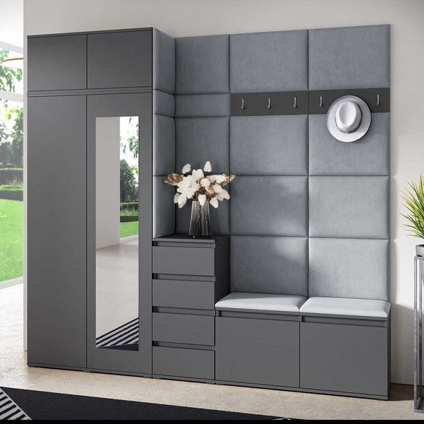 Garderoben-Set BERLIN – Kleiderschrank mit Polsterplatten, Schuhschrank und Schrankaufsatz 90 cm, für Flur und Eingangsbereich (Graphite,Trinity 14), 225 x 40 x 220 cm