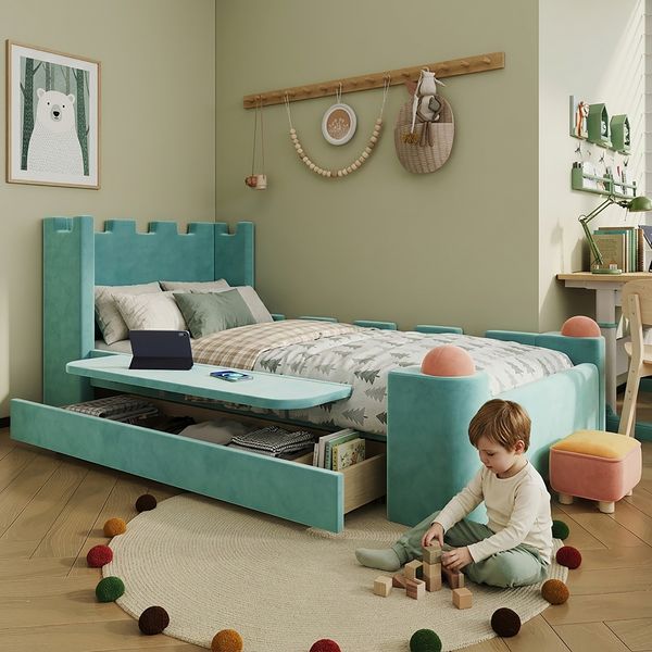 Kinder Polsterbett Einzelbett, klappbarer Seitenablage, Stauraum Schublade, Burg-Deisign, Weiche Antikonllisions-Katen, Französischer Samt, Blaugrün, 90x200 cm