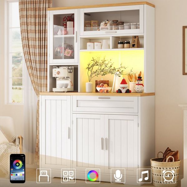Flieks Küchenbuffet Hochschrank mit LED-Beleuchtung, Glastüren und Schubladen (Arbeitsplatte in Holzoptik, 1-St, 104x40x180 cm) Mehrzweckschrank Küchenschrank Vitrineschrank mit verstellbare Ablagen