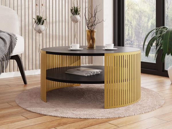 Couchtisch Fahugin Gold, Beine und Seiten aus Stahl (Farbe: Gold / Schwarz Molet)