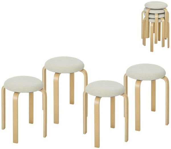 MC Star Hocker 4er Set Esszimmerhocker Stapelhocker Runde Küchenhocker (mit Leinenoptik, Polsterhocker für Esszimmer, Wohnzimmer, Küche, Cremeweiß)