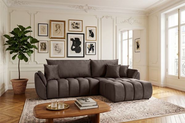Ecksofa Schlafsofa Sofa COLLIN in Stoff Monolith Braun Ottomane Rechts