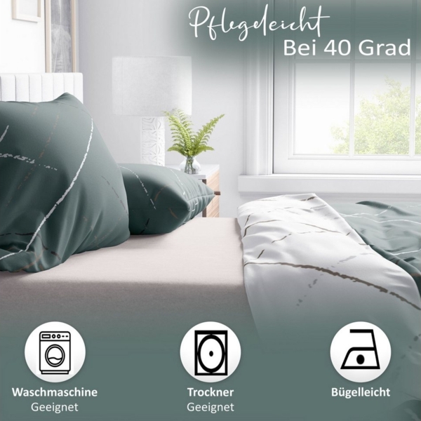 Leonado Vicenti Bettwäsche Hochwertige Polycotton, Baumwolle, 3 teilig, schlichtes Streifen Design mit Wendeseite, Beige, Grün und Grau Bild 3