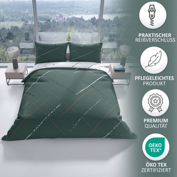 Leonado Vicenti Bettwäsche Hochwertige Polycotton, Baumwolle, 3 teilig, schlichtes Streifen Design mit Wendeseite, Beige, Grün und Grau Bild 2