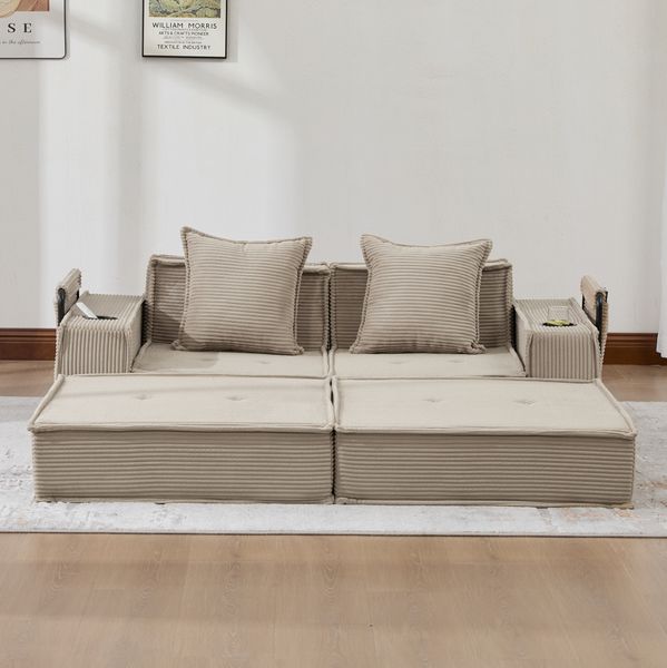 Zweisitzer-Sofa aus Cord mit 2 Kissen & Seitentaschen, 162x78x66 cm, Khaki