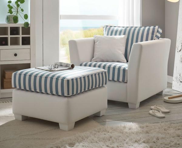 Sessel Set Hooge in creme und blau inkl. Hocker 95 cm