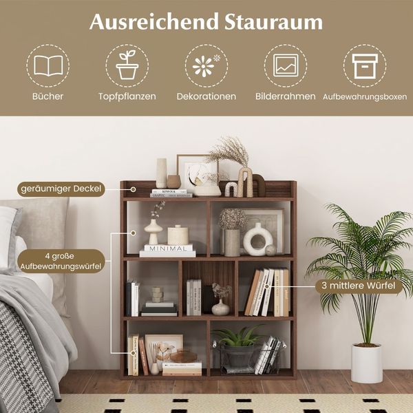 Bücherregal mit 7 Würfeln und offener Rückwand horizontales Standregal Holz 80 x 20 x 90 cm Walnuss
