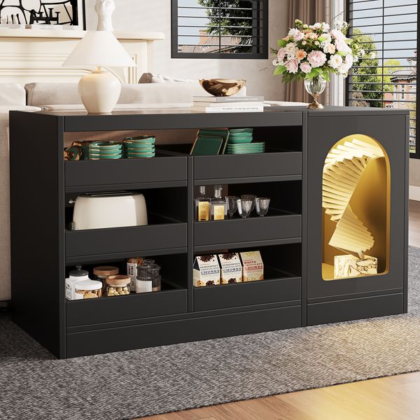 Sideboard 120 x 40 x 75 cm mit farbiger Glasoberseite, 6 Schubladen, bogenförmige Schranktür mit Hohlgitter, LED-Dekorlicht