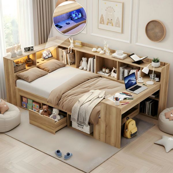 Merax Kinderbett, 90x200cm Daybett, Einzelbett, Tagesbett, Stauraumbett mit LED-Beleuchtung, USB Ladeanschlüsse und Schreibtisch, mit Regale & Schubladen, Naturfarbe