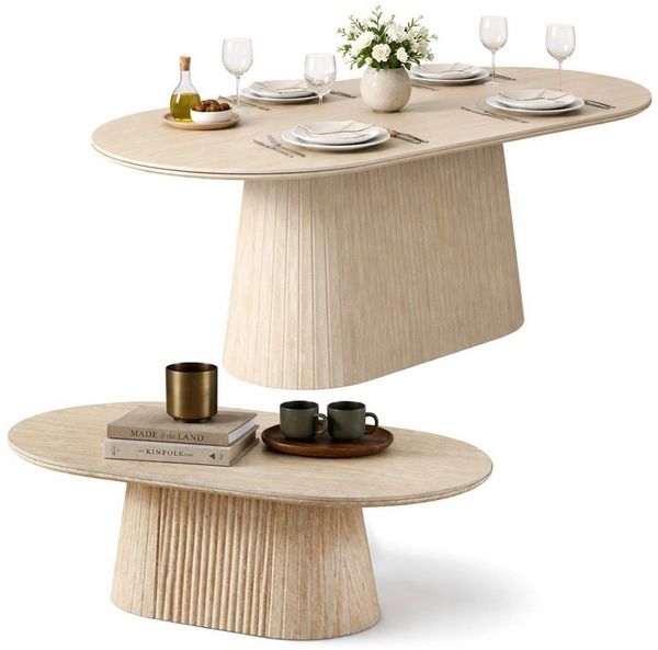HOOZ Wohnzimmertisch Couchtisch & Esstisch Set oval Keramikplatte 130x70 cm & 180x90 cm Sand (Set, 1× Esstisch, 1× Couchtisch), Keramik-Tischplatte, verschiedene Varianten, pflegeleicht & stabil