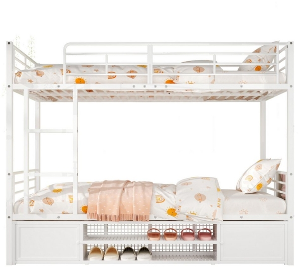 HAUSS SPOLE Etagenbett 90x200cm mit offenem schuhschrank, Lagerschrank, Seitenleiter, Weiß (Offener schuhschrank, Doppeltüriger kleiner lagerschrank, Geeignet für Kinder und Jugendliche, mit Seitenleiter, mit Fallschutzgitter 90x200cm), ohne Matratze