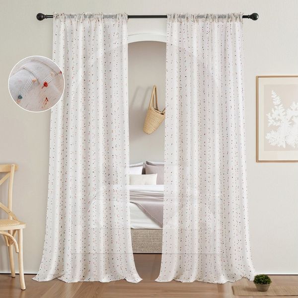 BTTO V&G Gardine Boho Vorhänge mit Mehrfarbigen Pom Pom-Quasten,Kinderzimmer Gardinen (1 St), transparent, Voile Vorhang für Wohnzimmer Schlafzimmer Kinderzimmer Party Dekor