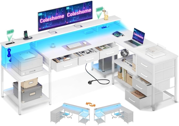 Gaming Tisch RGB LED Schreibtisch L Form 7 Schubladen 179.5×135.5cm