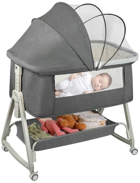 JEOBEST Beistellbett 3 in1 Babybetten mit Rollen, Beistellbett Baby mit Moskitonetz, (6 Fach Höhenverstellung und Neigungsverstellung)mit Aufbewahrungskorb