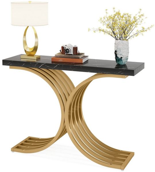 Tribesigns Konsolentisch 100 x 30 x 80 cm Schmal Flurtisch,Beistelltisch mit Gold Metallgestell (Weiß und Gold / Schwarz und Gold), Kleiner Ausstellungstisch, Sofatisch für kleinen Raum Eingang, Flur