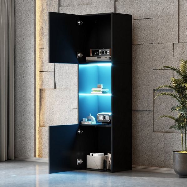 REDOM Vitrine Moderner Vitrinenschrank in Weiß (Highboard, Aufbewahrungsschrank, Hochschrank, Lagerschrank , 1-St, 1 Glasboden, 2 Türen) Hochglanz Vitrine, mit LED-Beleuchtung