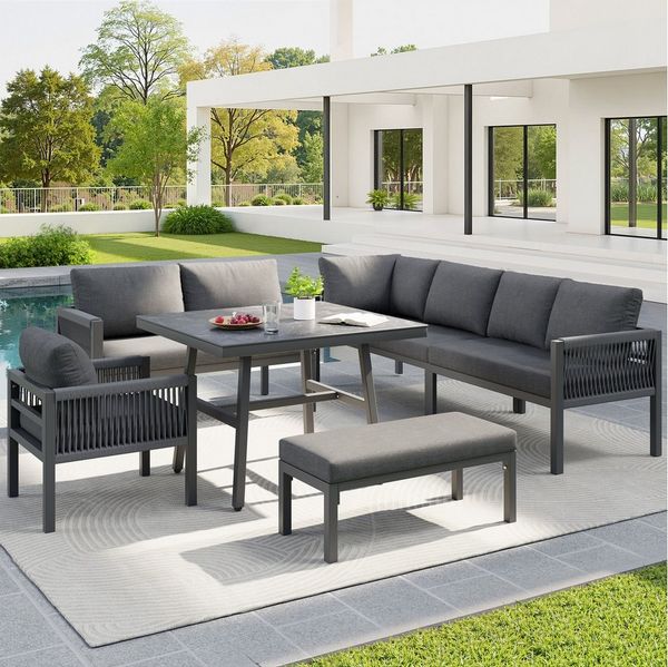 Merax Gartenlounge-Set für 8 Personen in L-Form, Handgeflochtene Gartensofa-Garnitur, (6-tlg), Gartenmöbel mit 3 Sofas, Sessel & Hocker, Tisch mit Glas in Holzoptik