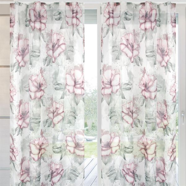 Arsvita 2er Pack Gardine (Flower) Voile mit Kräuselband 140x245cm Universalbandvorhang für zu Hause, transparente und moderne Fensterdekoration