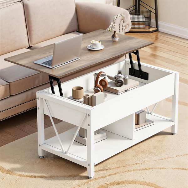 YITAHOME Couchtisch mit Anhebbarer Platte, Leicht Anzuheben, 2-Stufiger Stauraum, Höhenverstellbarer Couchtisch mit Verstecktem Staufach und Ablagefläche für Wohnzimmer, Büro, Weiß&Grau