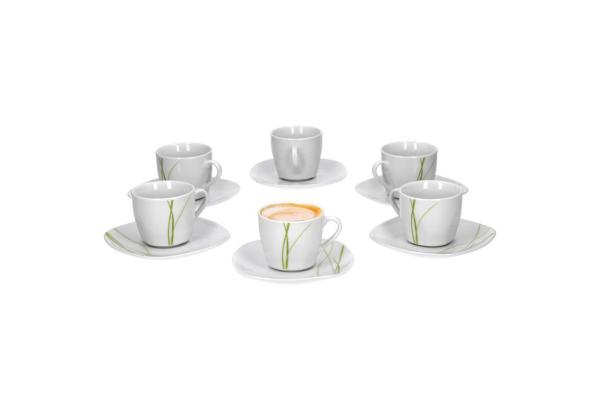 Van Well Bali 6er Set Espressotasse + Untertasse, Espresso-Set, Liniendekor, edles Marken-Porzellan