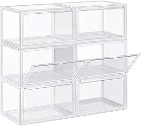 SONGMICS Schuhboxen, 6er Set, stapelbare Schuh-Organizer, Kunststoffboxen mit durchsichtiger Tür, Schuhaufbewahrung, für Schuhe bis Größe 46, 28 x 36 x 22 cm, transparent