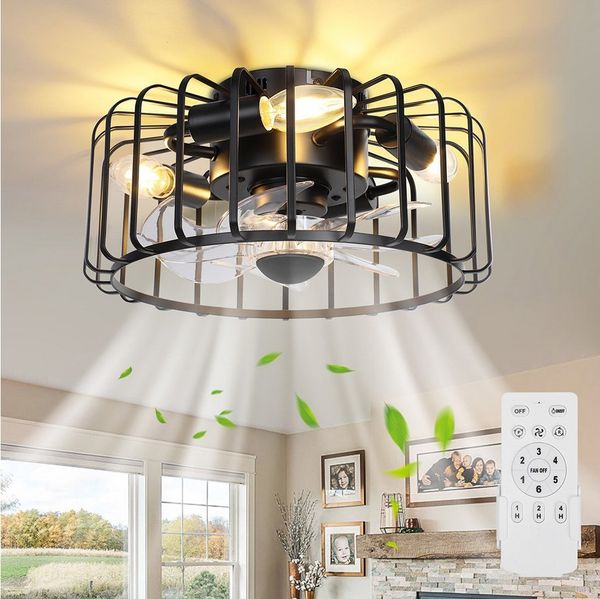 MUPOO Deckenleuchte Deckenleuchte Wohnzimmer,Käfiglampe Deckenventilator mit Beleuchtung, LED wechselbar, 6 Geschwindigkeitsstufen,mit Fernbedienung, Metall Käfigbeleuchtung