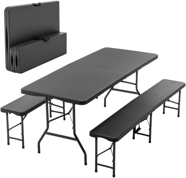 6ft Klappbarer Picknicktisch mit 2 Bänken, 3-teiliges Camping Set, HDPE Tischplatte mit Baummuster, Sicherheitsverriegelung, UV- & wasserbeständig, Schwarz