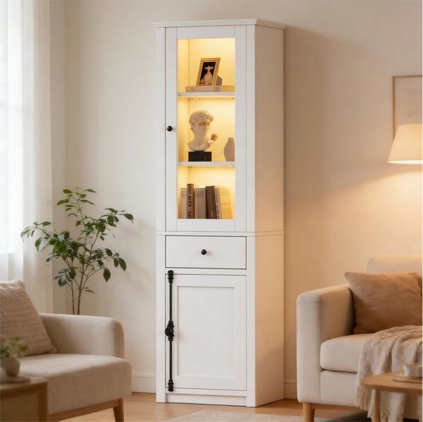 Merax Glasvitrine mit LED, Vitrine schmal Hochschrank (Wohnzimmerschrank, Bücherregal, Aufbewahrungsschrank, 1-St, 40 x 55 x 200 cm) Standvitrine mit 3 Glasböden, 1 Glastüren, 1 Holztür und Schublade