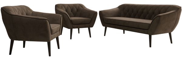 Wohnzimmerset PIRS 1-1-3, Skandinavisches 3-Sitzer Sofa mit Sesseln, Sofa mit Wellenfederung, schwarze Füße, Skandinavisches Möbelset - Braun Velvet Bild 6