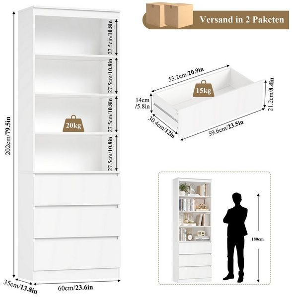 Homfa Bücherregal Hochschrank Standregal Bücherschrank Raumteiler, mit 4 Fächern und 3 Schubladen, 60x35x202cm