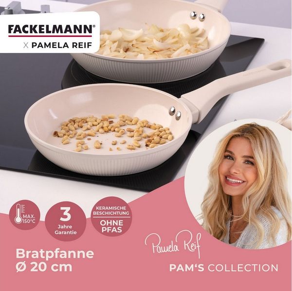 Fackelmann x Pamela Reif Bratpfanne – Ø 20 cm, Aus geschmiedetem, recycelten Aluminium in Pastell Beige, keramische, PFAS-freie Beschichtung, hitzebeständig bis 150 Grad C – Reinigung per Hand